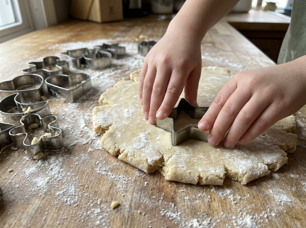 Rolled dough, floury counter and a pile of cutters