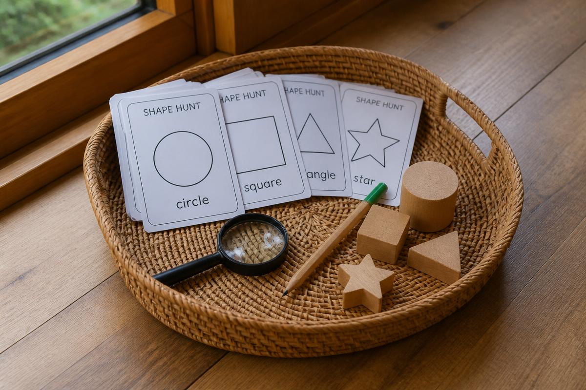Shape hunt cards + tally + sorting mats (A4 PDF) printable for kids