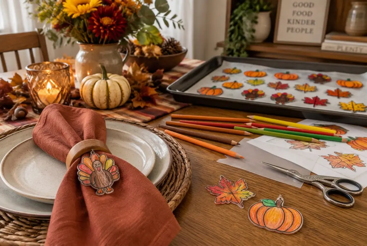 Coloured, baked, cooled, and clipped onto the napkins.