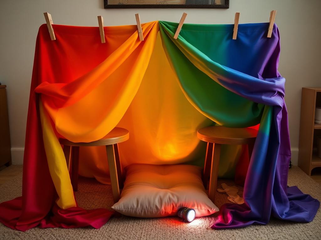 Two chairs, pegs and a silk: the den takes about a minute to build.