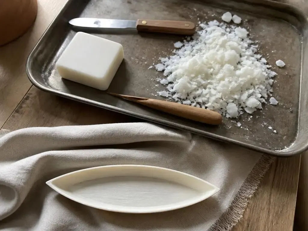 The tray with the bar, the tools, the shavings and a finished little boat
