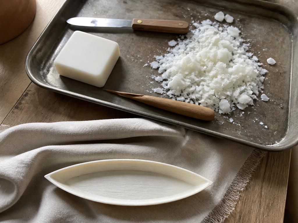The tray with the bar, the tools, the shavings and a finished little boat