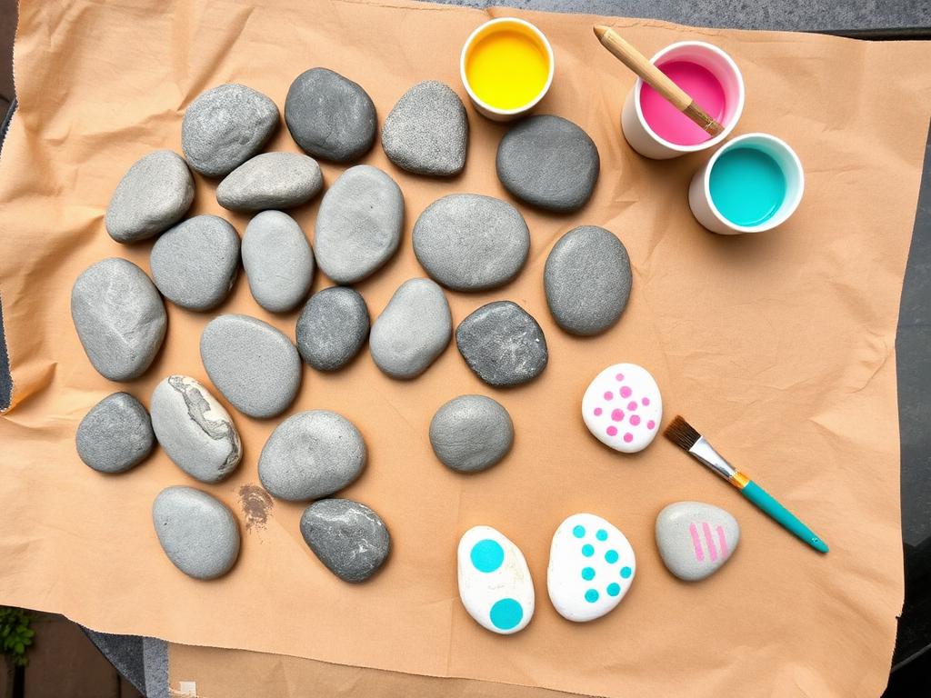 Smooth stones and paints laid out on kraft paper.