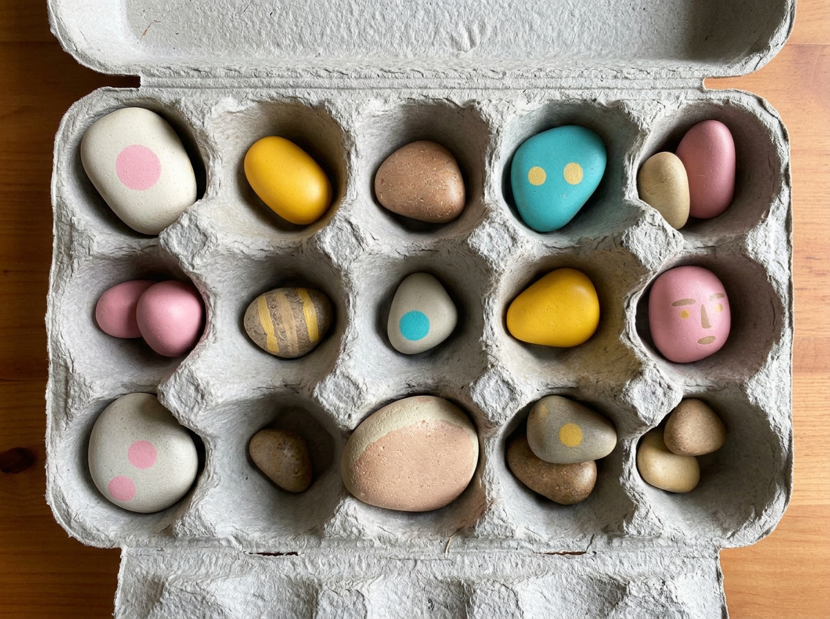 Sorted by colour into an egg carton.