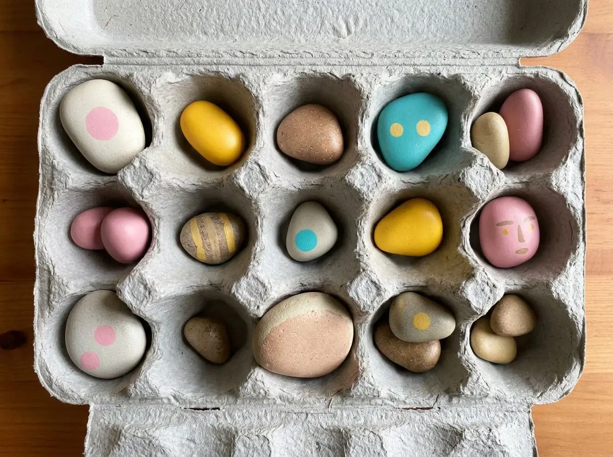 Sorted by colour into an egg carton.