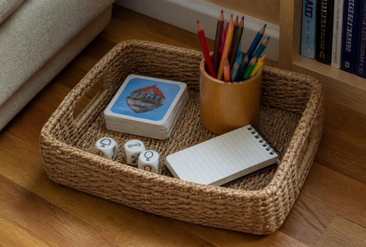 The whole basket: dice, planning sheets and a pencil.