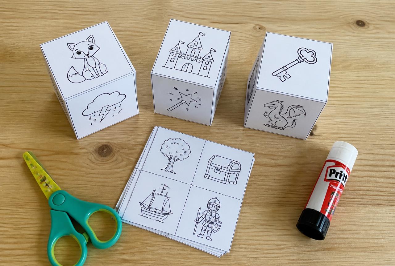 Roll-a-story dice + planning sheet (A4 PDF) printable for kids