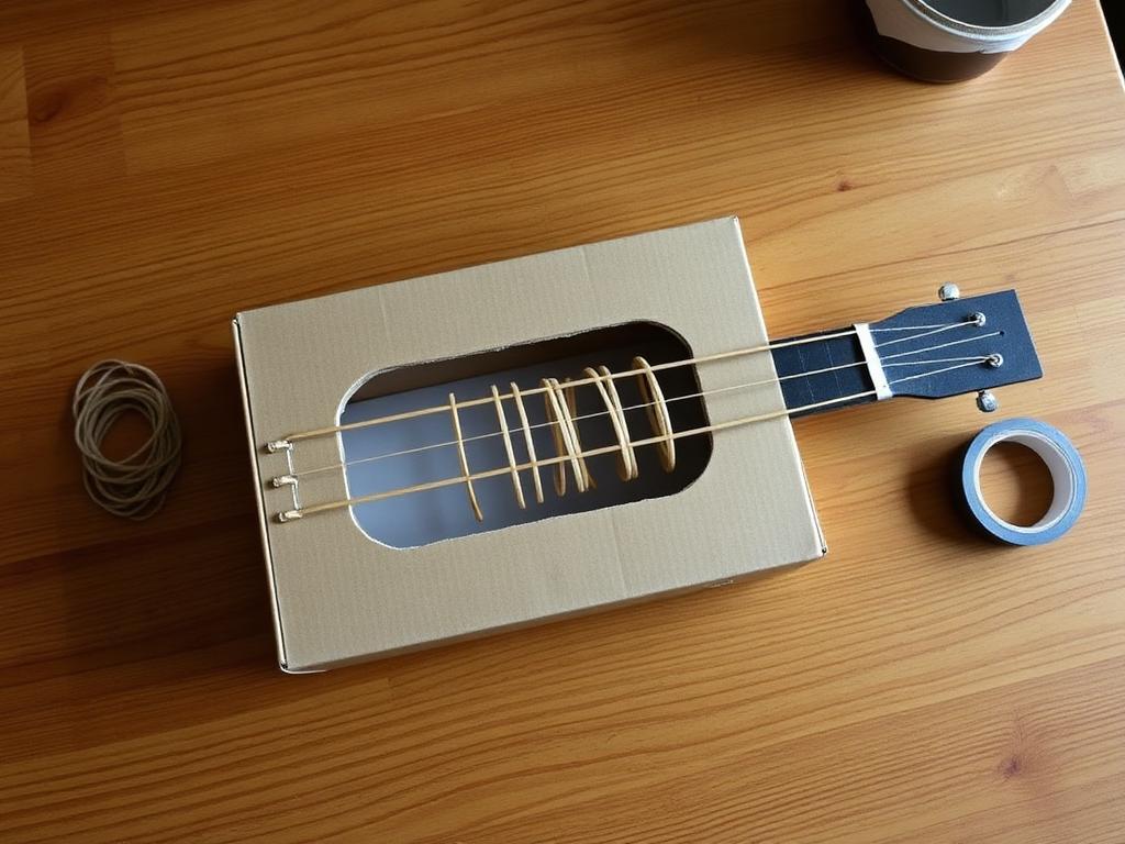 A tissue box, rubber bands and a cardboard tube — one box guitar.