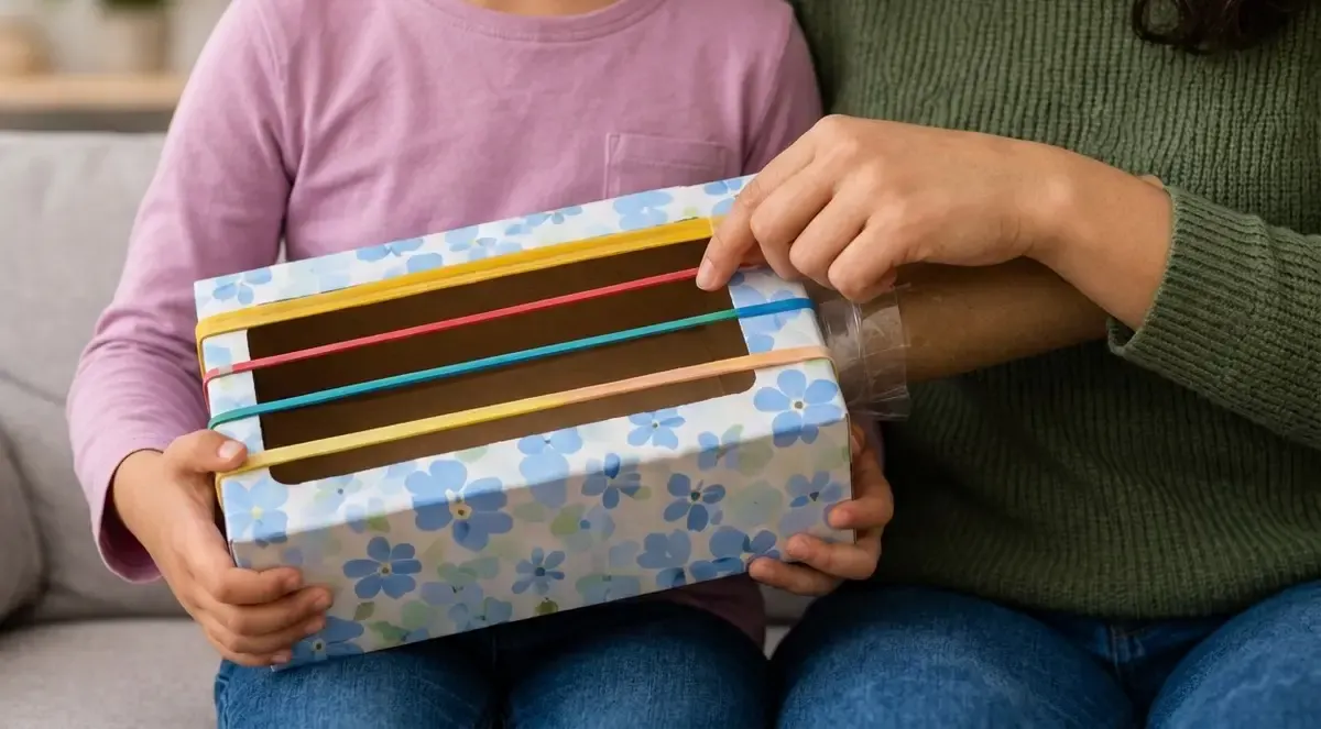 Our homemade box guitar, a little plucking and a tune shared together.