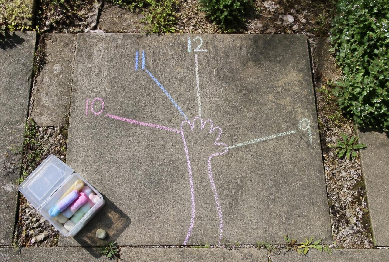 Chalk lines fanning out across the patio, one for every hour.