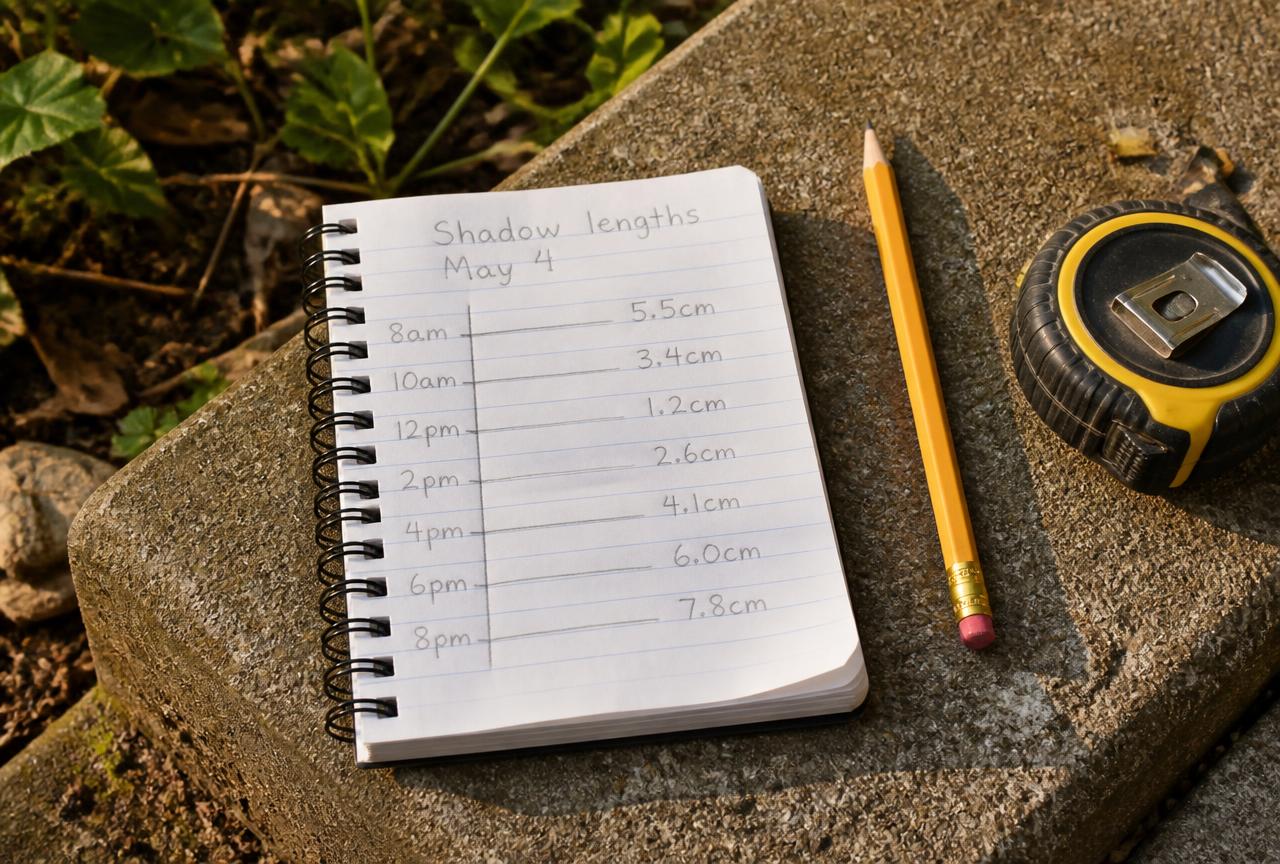 The shadow chart - hour, length, and a small drawing of the sky.