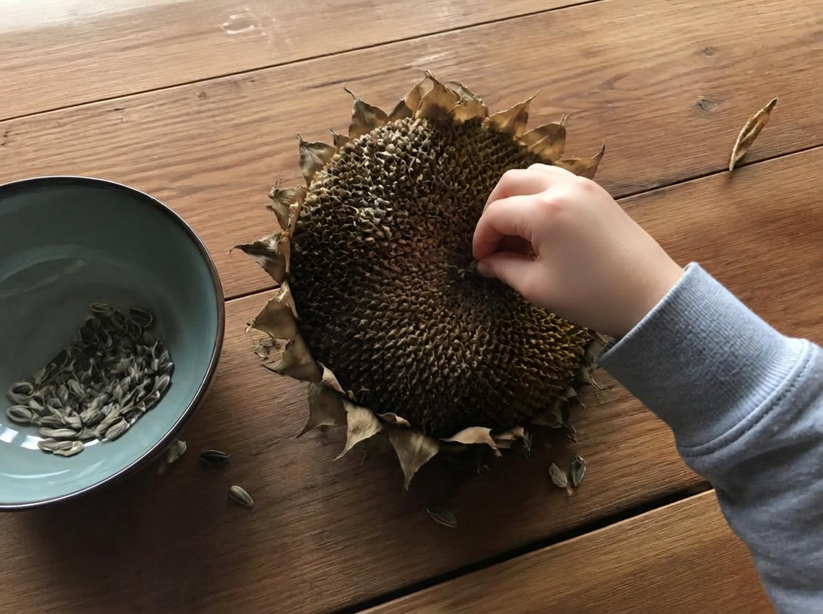 Loosening the seeds one by one — quiet, absorbing work for little fingers.
