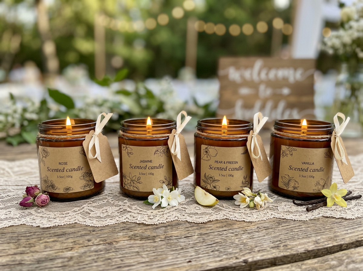 Candles in tin jars with handwritten labels, some lit, the rest waiting to be taken home.