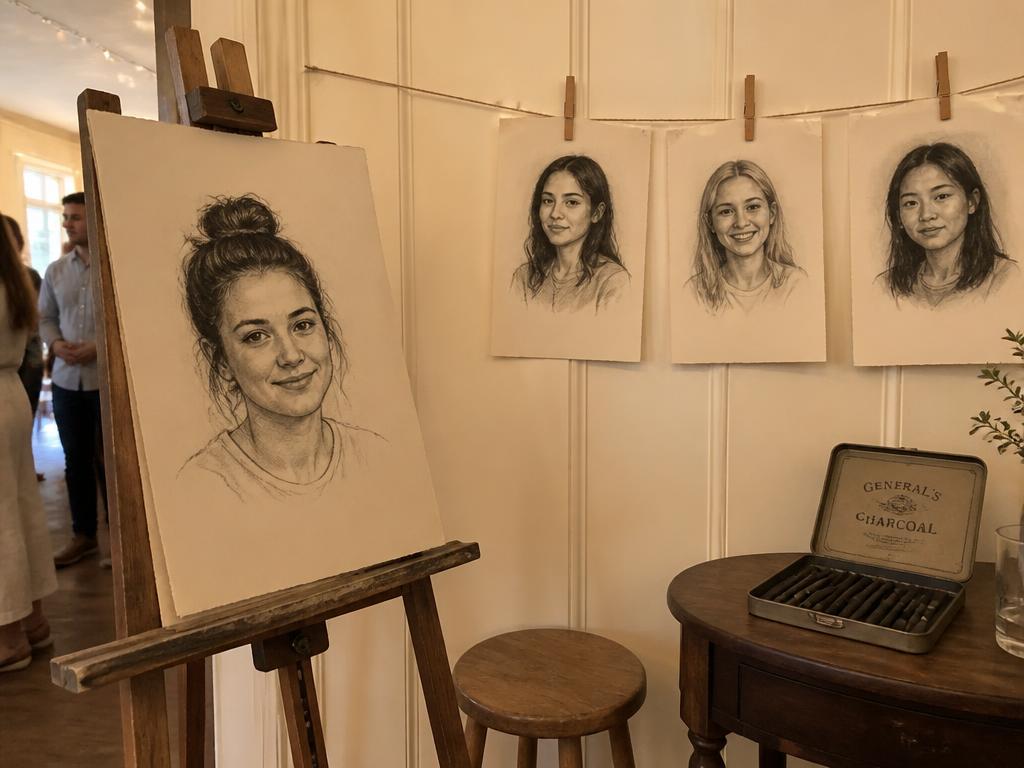 The charcoal corner, with finished sketches drying on the line.