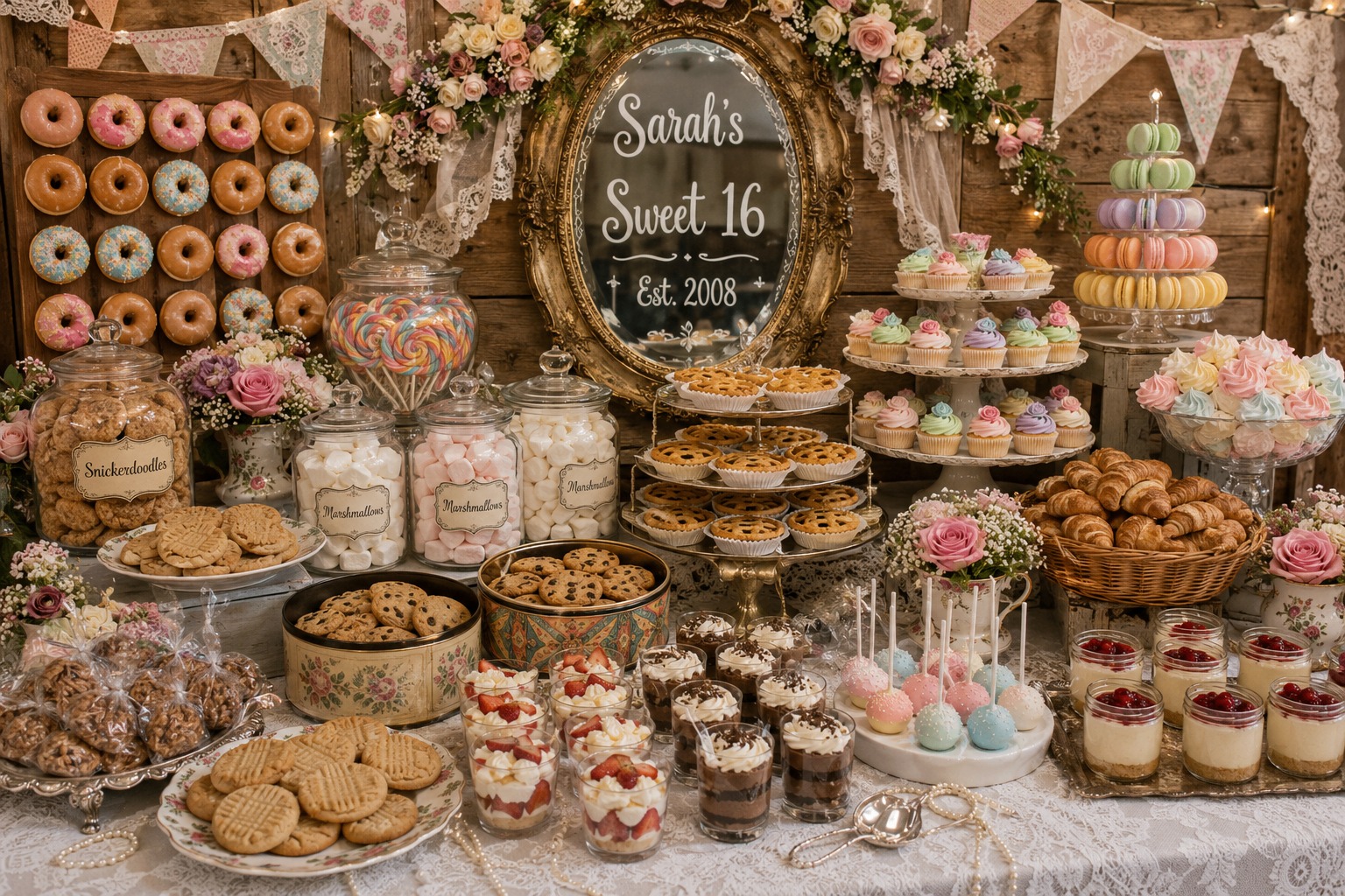Sixteen sweets, one for every year, on lace and cake stands.