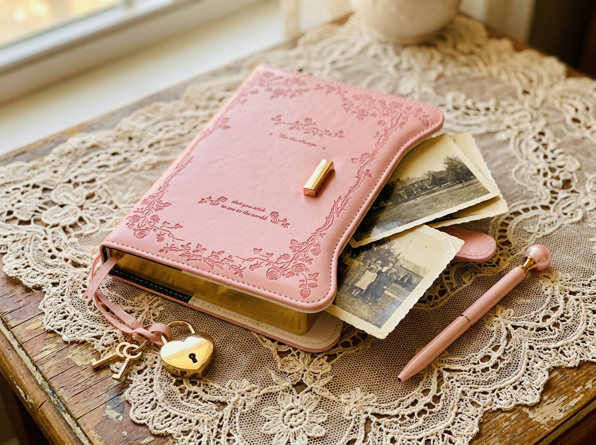An old book with photographs tucked between the pages and room to write around them.