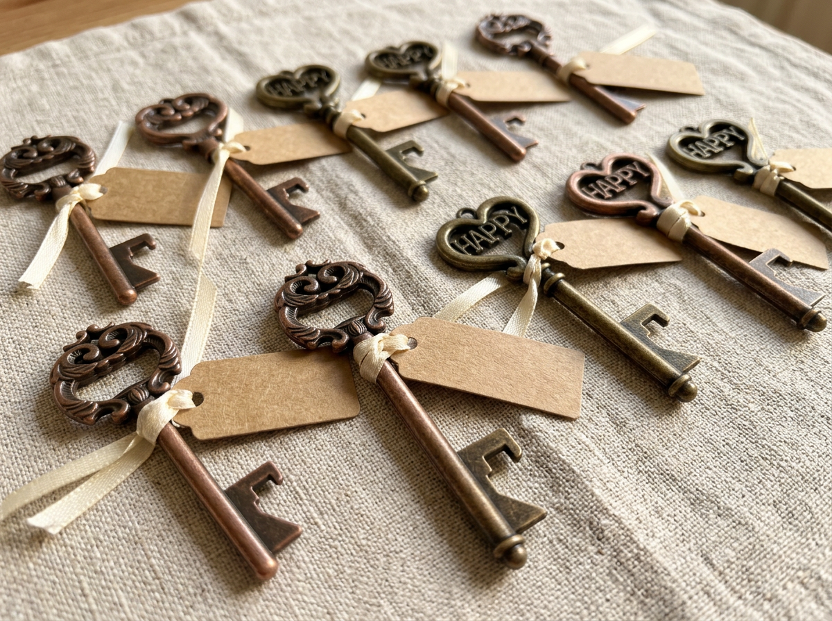 Key bottle openers with ribbon and a small tag, ready by the door.