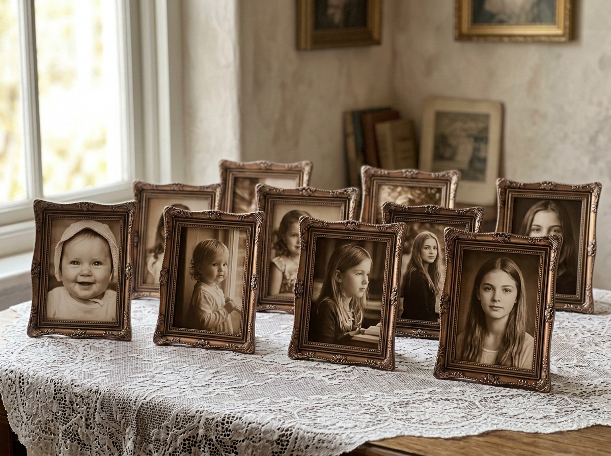One photo per year, each in its own vintage frame with the year written underneath.