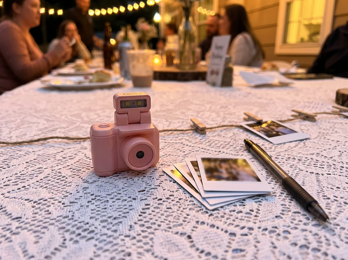 The instant camera corner, with a line of photos filling up as the evening goes on.