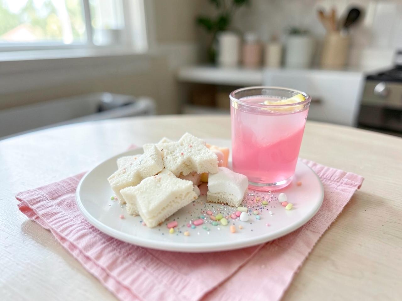 Star sandwiches, marshmallows, sprinkles and pink lemonade — one plate is the whole party.