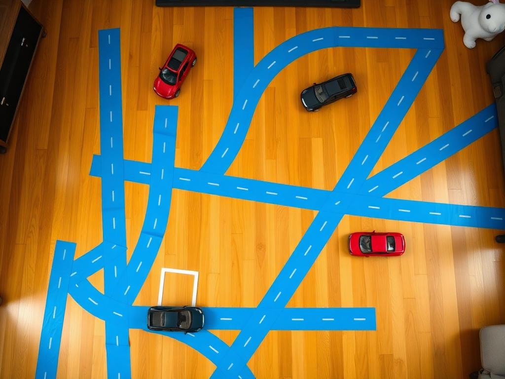 Tape roads with junctions and parking bays across the living room floor.