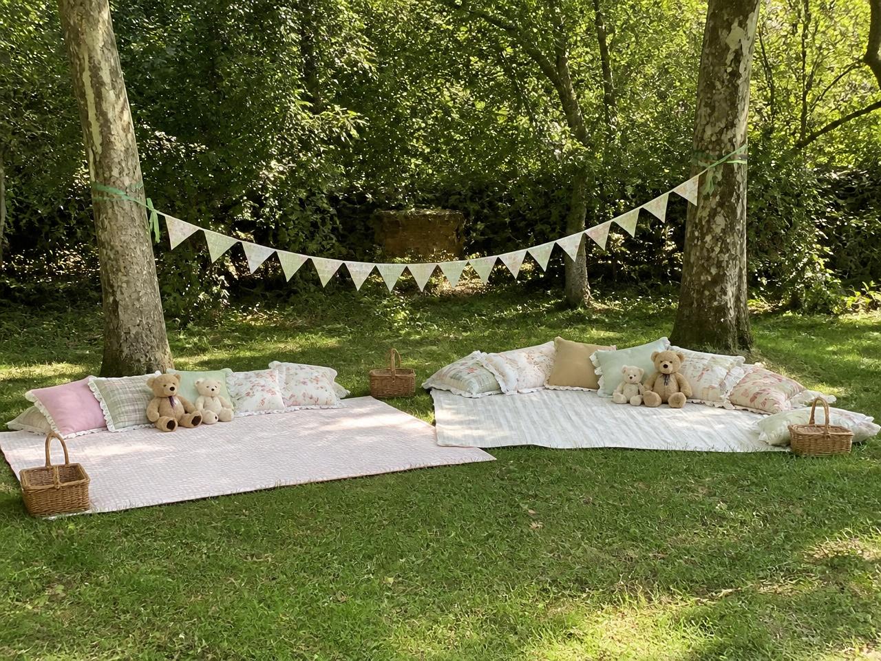 Blankets, cushions, bunting between two trees, bears already sitting down.