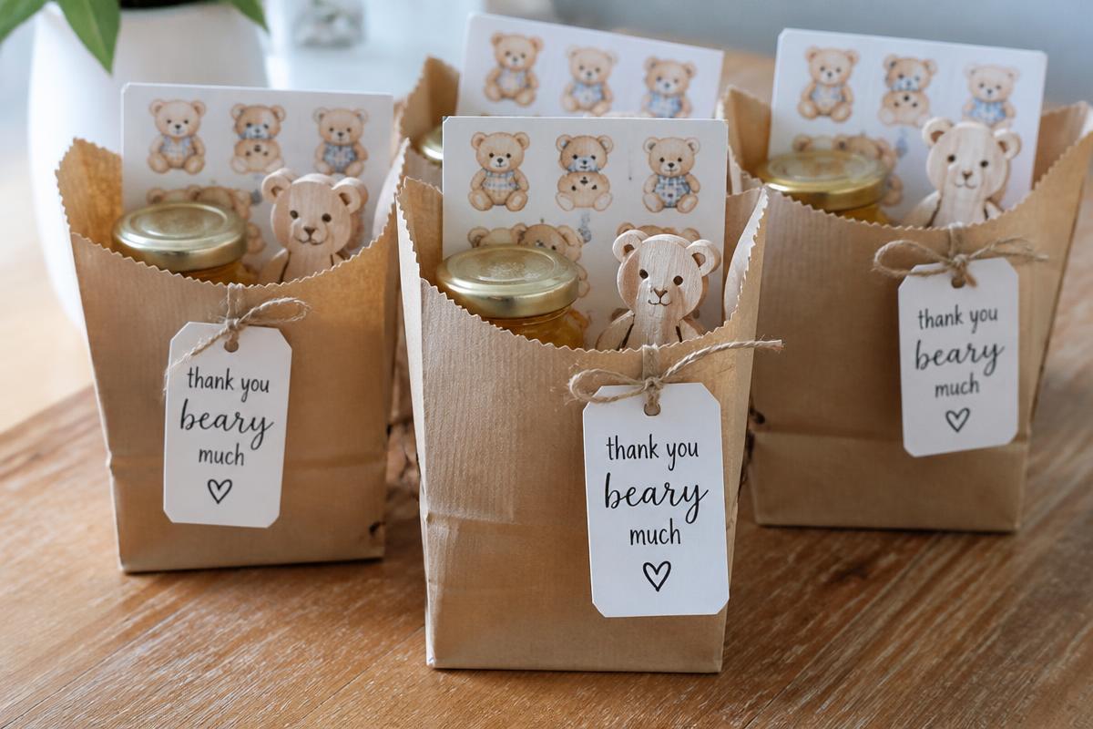 Favour bags - a honey jar, stickers and a small wooden bear.