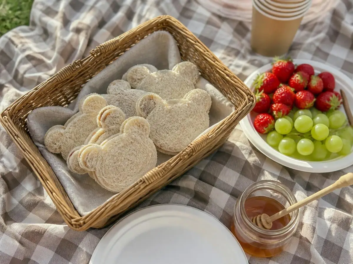 Bear-cutter sandwiches in a square picnic basket, with strawberries, grapes and honey.