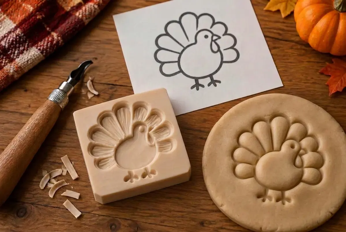 One printed outline, one carving block, a whole afternoon of stamping.