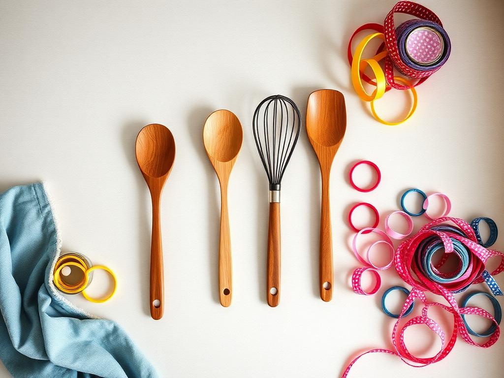 Spoons, whisk and spatula out with fabric scraps and ribbons.