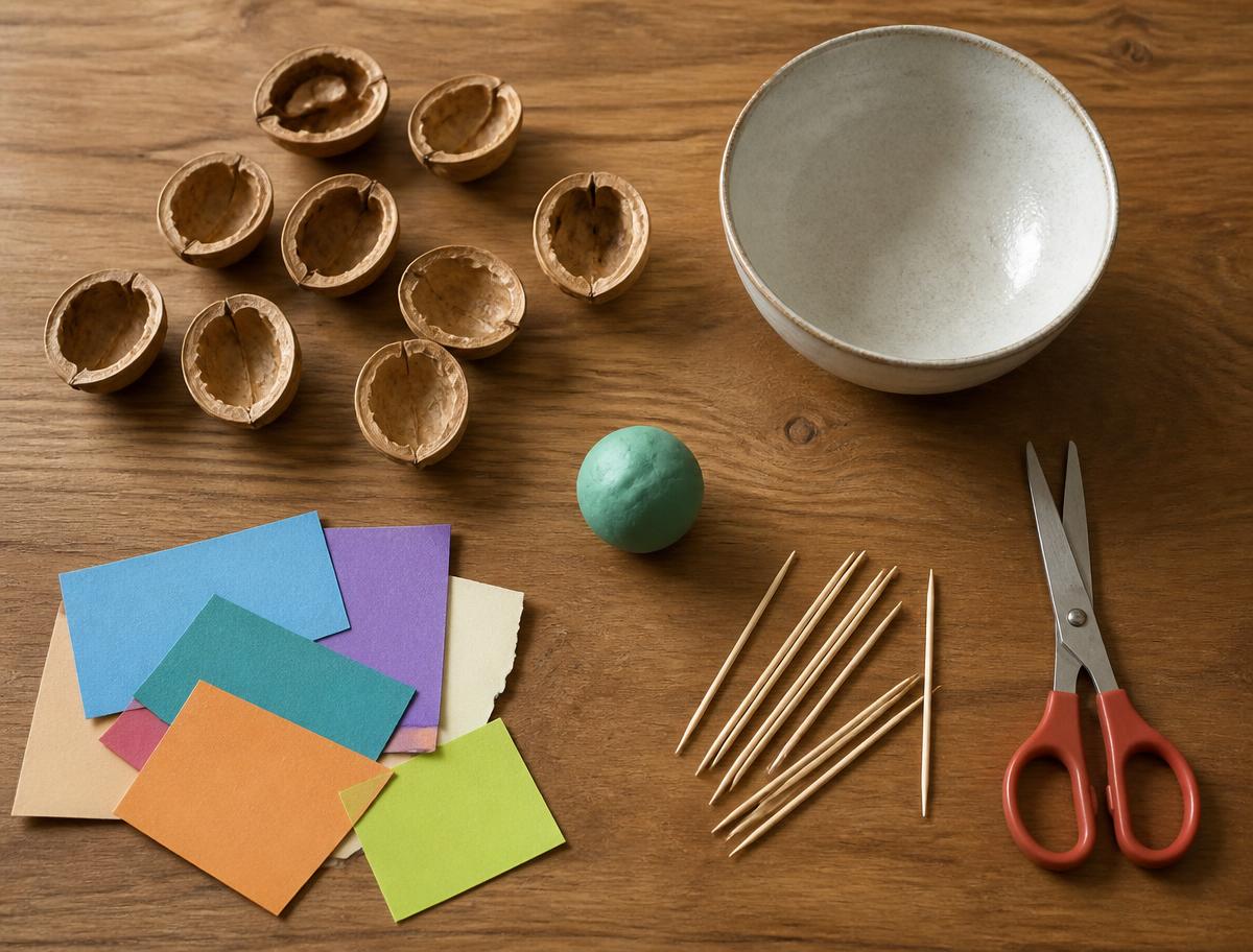 Shells, clay, toothpicks and paper — the entire supply list.