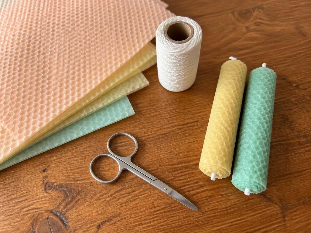Pastel honeycomb sheets, wick and scissors, ready to roll