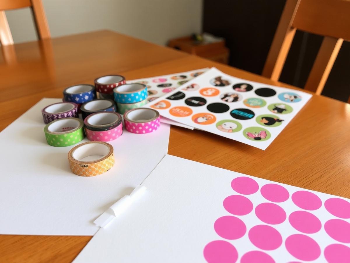 Tape rolls, sticker sheets and cardstock, ready on the table