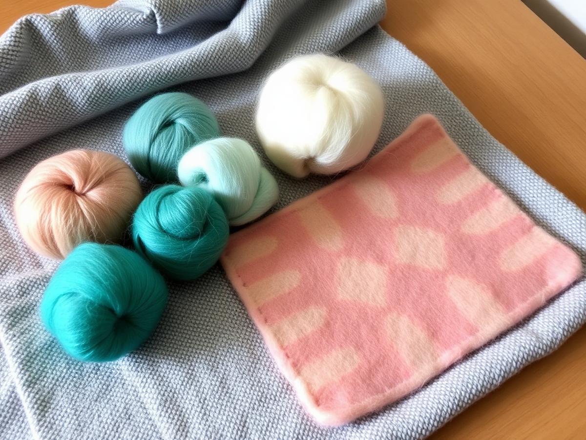 Felted balls and a flat square drying on a towel