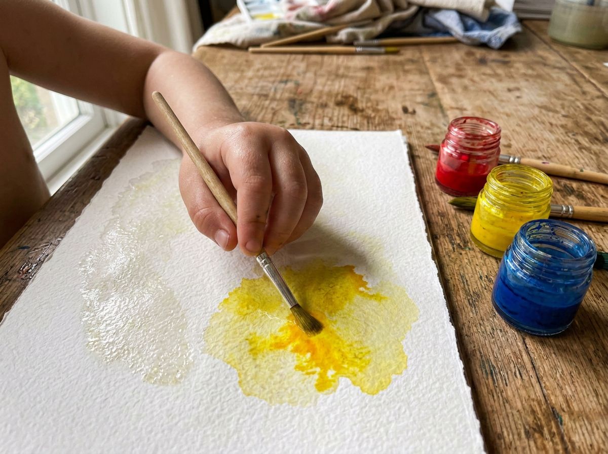 The first touch of yellow on damp paper, blooming outward on its own