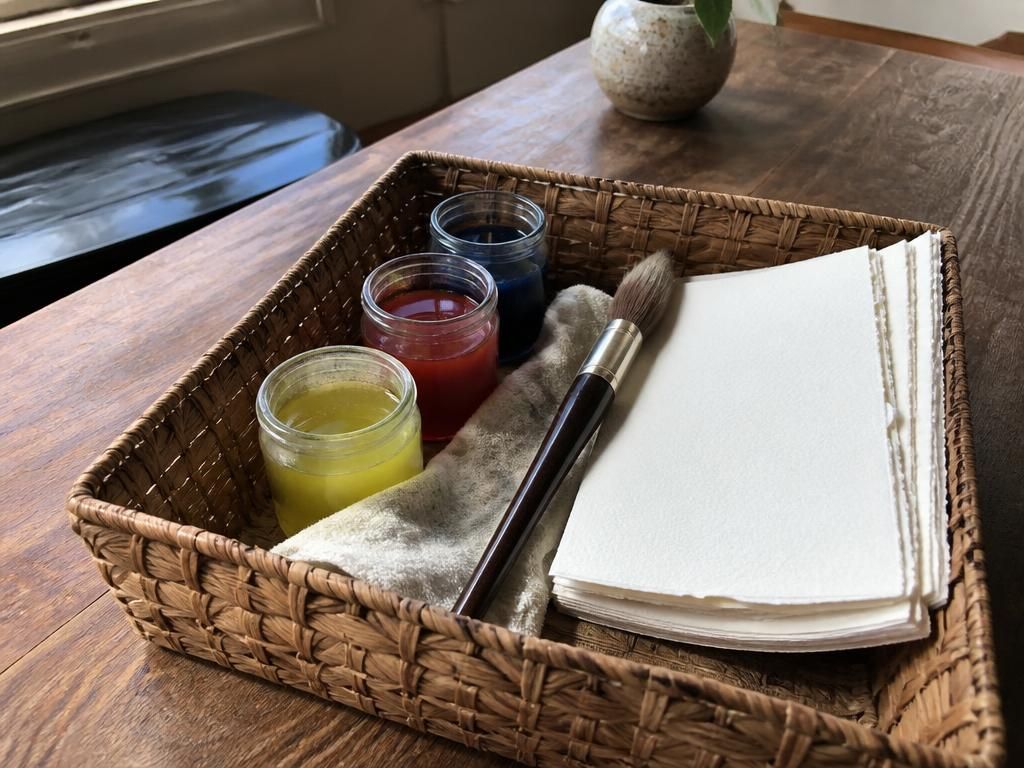 The basket set out the night before: three jars, one brush, thick paper