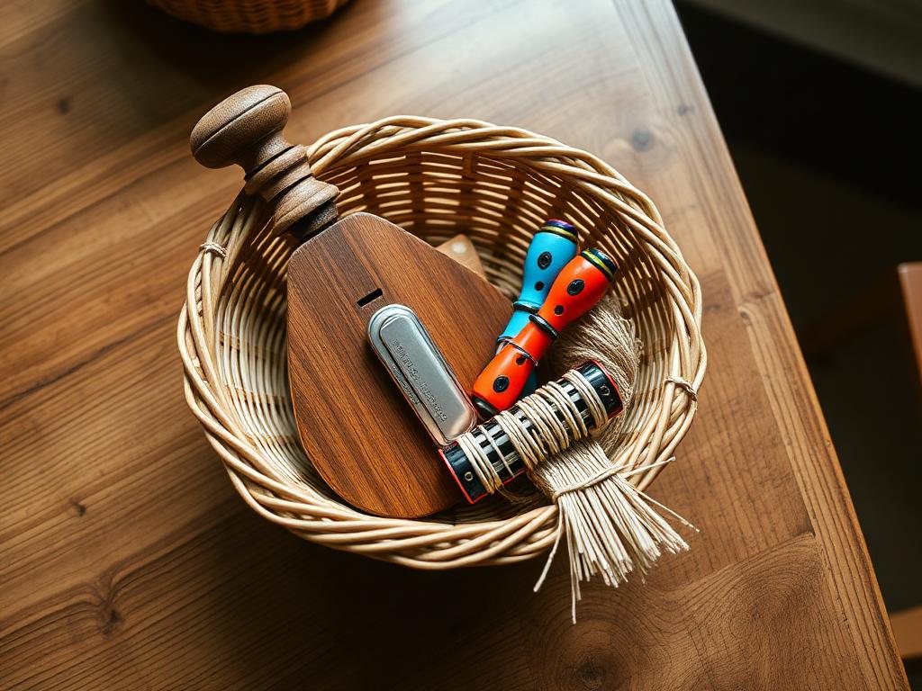 Recorder, harmonica, kazoo and panpipe waiting in the basket.