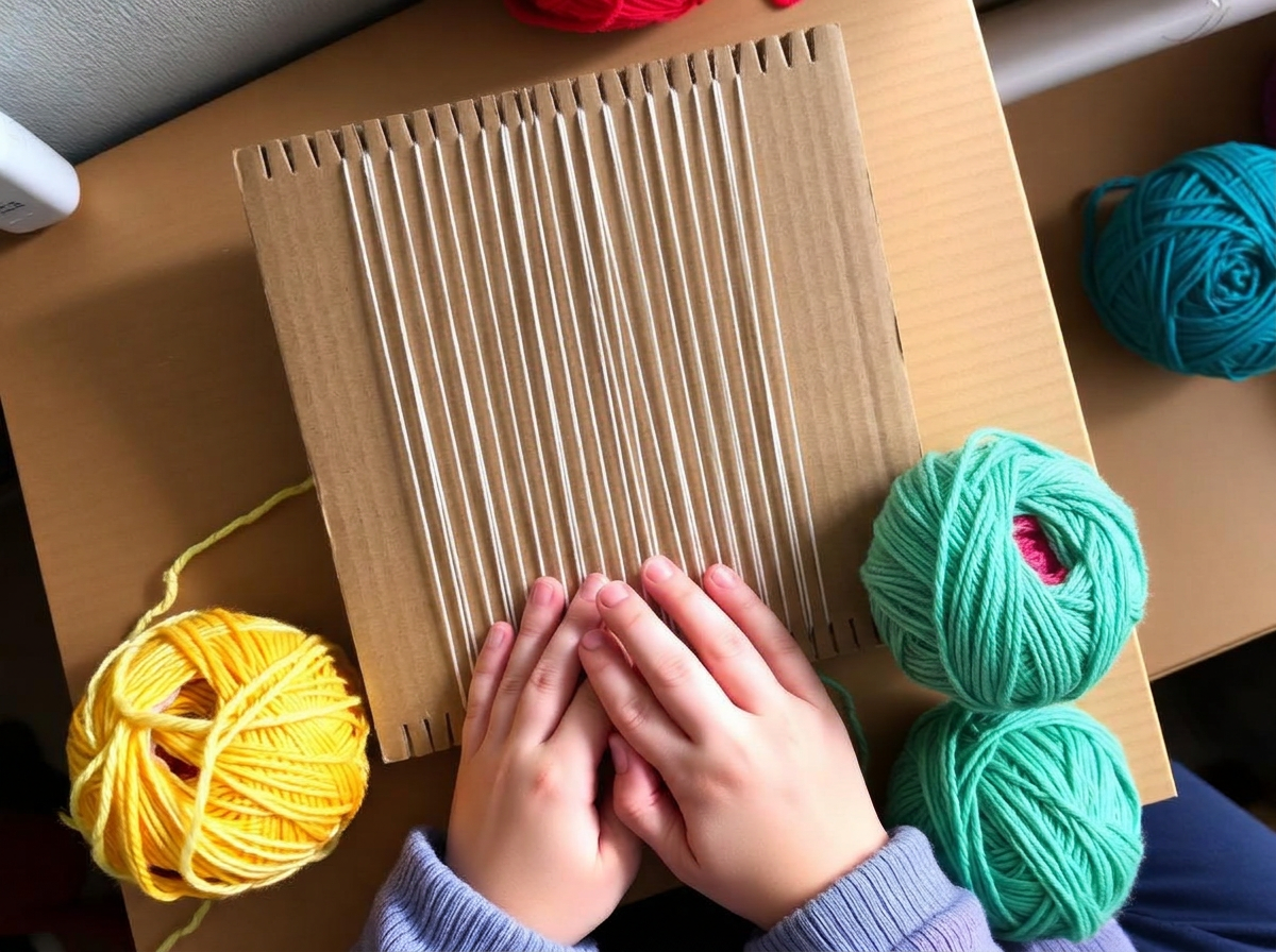 A cardboard loom strung with white warp thread and a basket of yarn