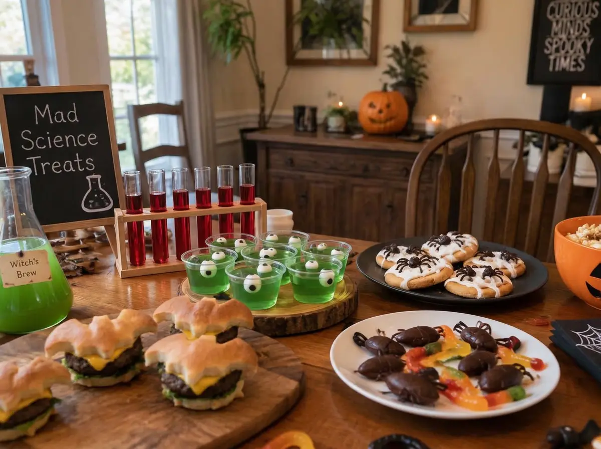 Test tubes, snot jelly, web cookies and a plate of roaches, all supermarket food renamed.
