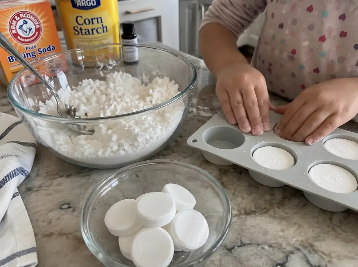 Baking soda, cornstarch, water, a round mould and a day of drying.